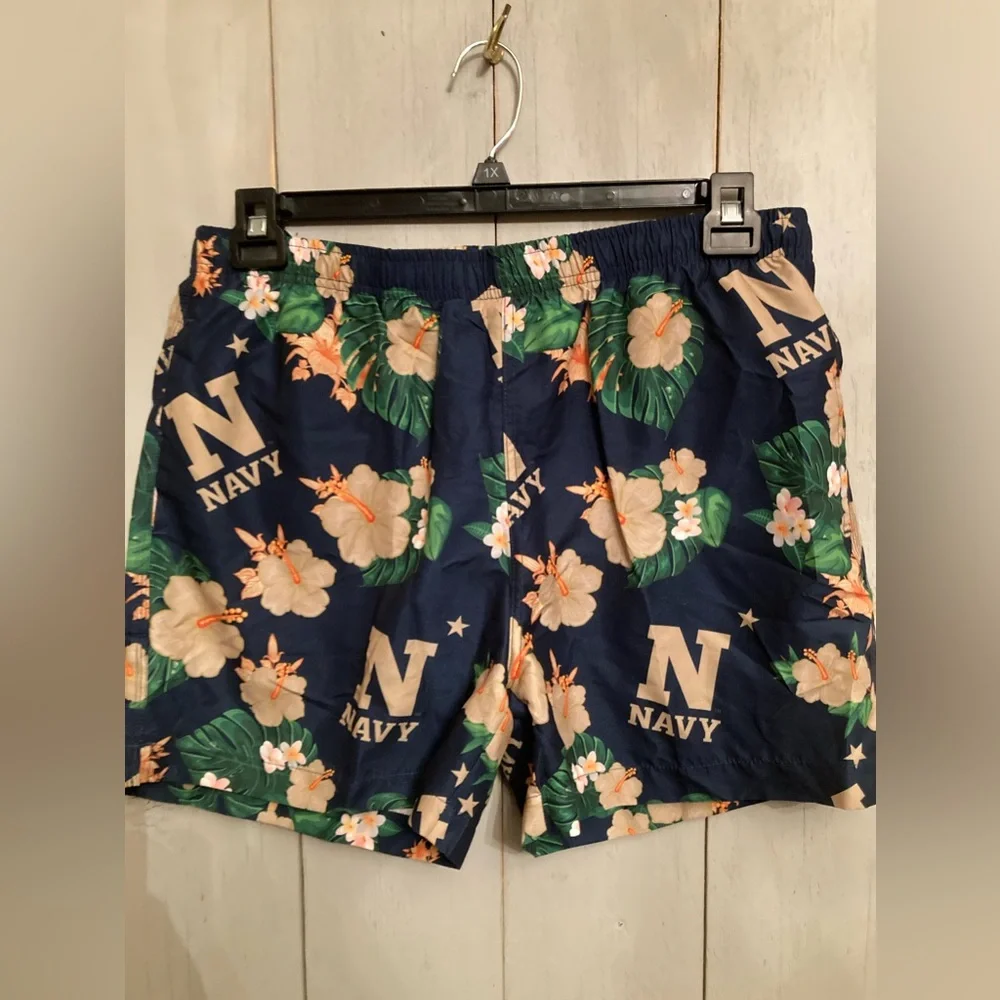 Navy Aloha Print LSwim Trunks Mens Large Shorts Blue 100% collegiate License New